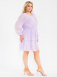 PLUS SIZE LONG SLEEVE ELASTIC WAIST TIERED EMBROIDERY FLORAL MINI DRESS