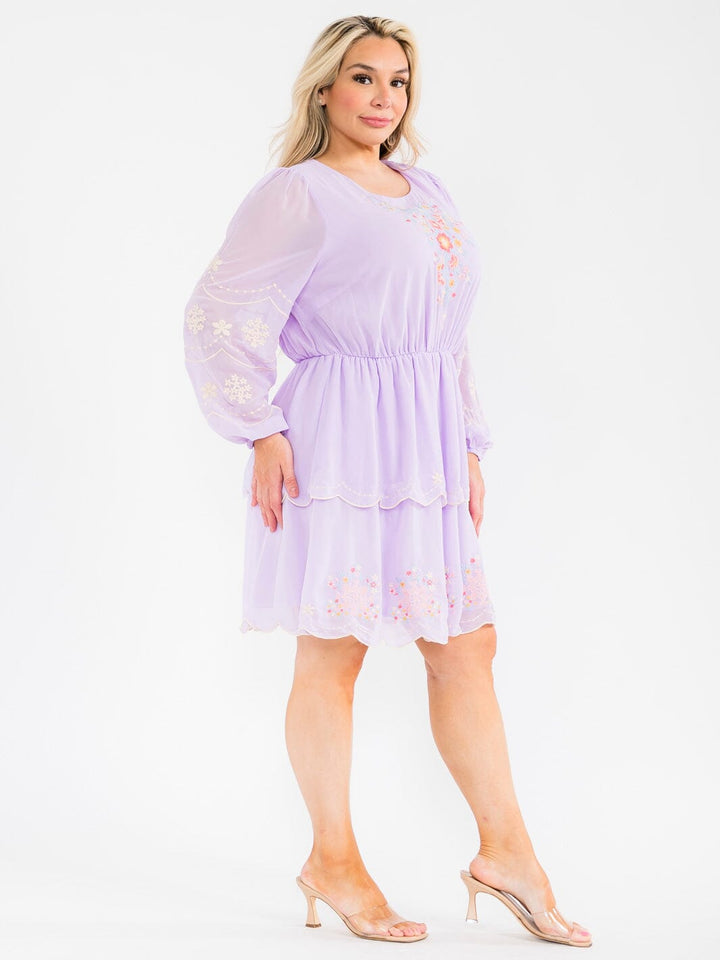 PLUS SIZE LONG SLEEVE ELASTIC WAIST TIERED EMBROIDERY FLORAL MINI DRESS