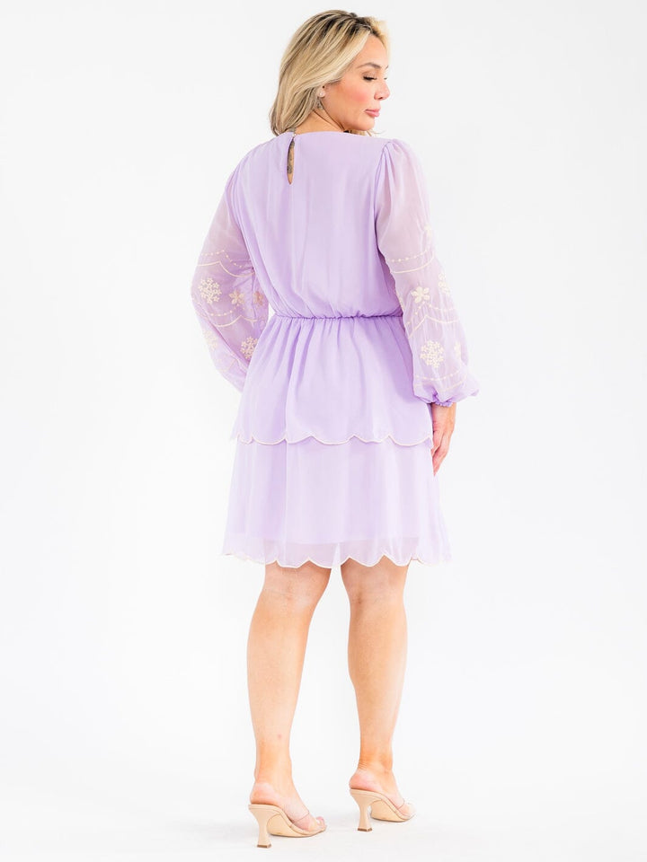 PLUS SIZE LONG SLEEVE ELASTIC WAIST TIERED EMBROIDERY FLORAL MINI DRESS