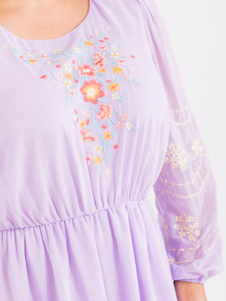 PLUS SIZE LONG SLEEVE ELASTIC WAIST TIERED EMBROIDERY FLORAL MINI DRESS