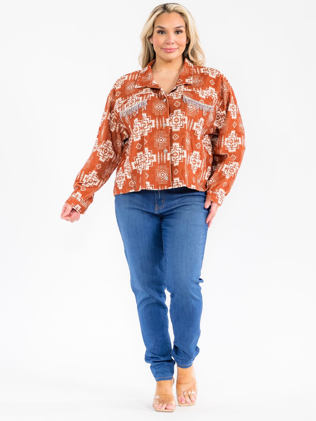 PLUS SIZE LONG SLEEVE BUTTON CLOSURE FRONT POCKETS MULTI PRINT SHACKET