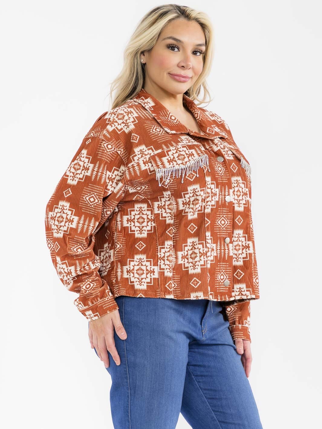 PLUS SIZE LONG SLEEVE BUTTON CLOSURE FRONT POCKETS MULTI PRINT SHACKET