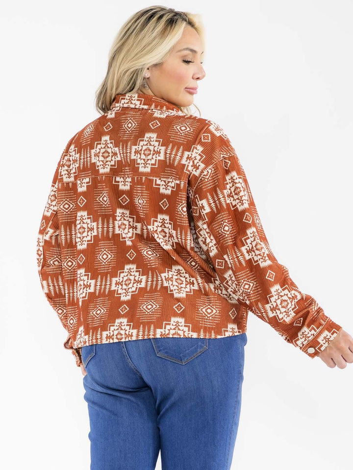 PLUS SIZE LONG SLEEVE BUTTON CLOSURE FRONT POCKETS MULTI PRINT SHACKET
