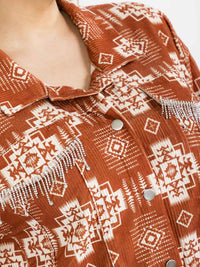PLUS SIZE LONG SLEEVE BUTTON CLOSURE FRONT POCKETS MULTI PRINT SHACKET