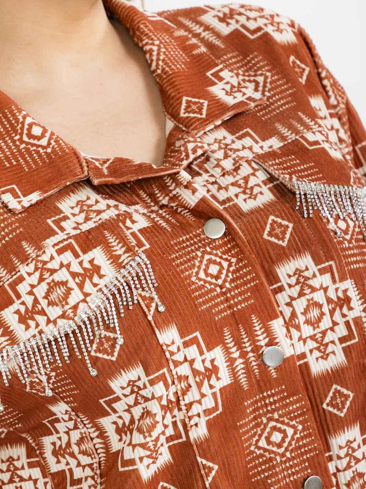 PLUS SIZE LONG SLEEVE BUTTON CLOSURE FRONT POCKETS MULTI PRINT SHACKET