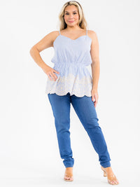 PLUS SIZE SLEEVELESS ELASTIC WAIST EMBROIDERY COLORBLOCK TANK TOP