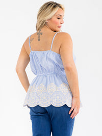 PLUS SIZE SLEEVELESS ELASTIC WAIST EMBROIDERY COLORBLOCK TANK TOP