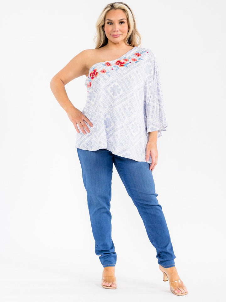 PLUS SIZE SHORT SLEEVE ONE SHOULDER FLORAL EMBROIDERY MULTI PRINT BLOUSE