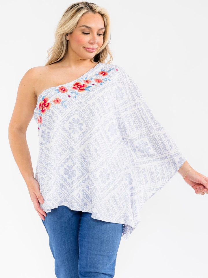 PLUS SIZE SHORT SLEEVE ONE SHOULDER FLORAL EMBROIDERY MULTI PRINT BLOUSE