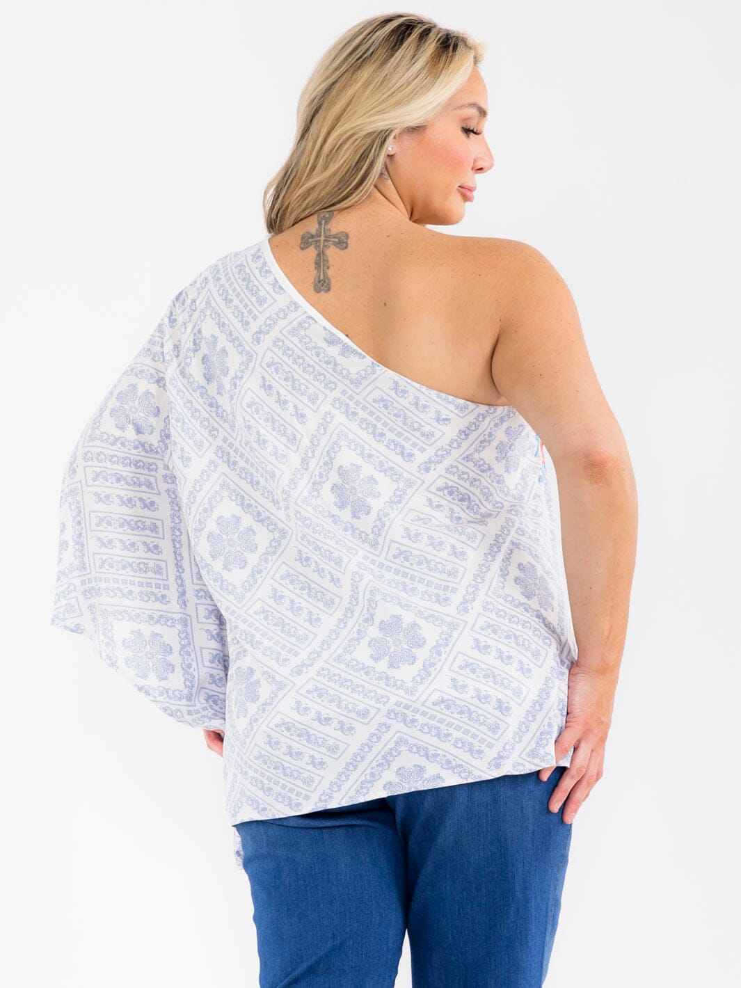 PLUS SIZE SHORT SLEEVE ONE SHOULDER FLORAL EMBROIDERY MULTI PRINT BLOUSE