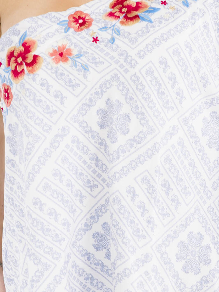 PLUS SIZE SHORT SLEEVE ONE SHOULDER FLORAL EMBROIDERY MULTI PRINT BLOUSE