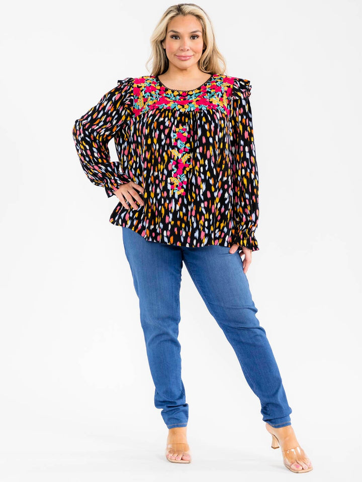 PLUS SIZE LONG SLEEVE FLORAL EMBROIDERY RUFFLE MULTI PRINT BLOUSE