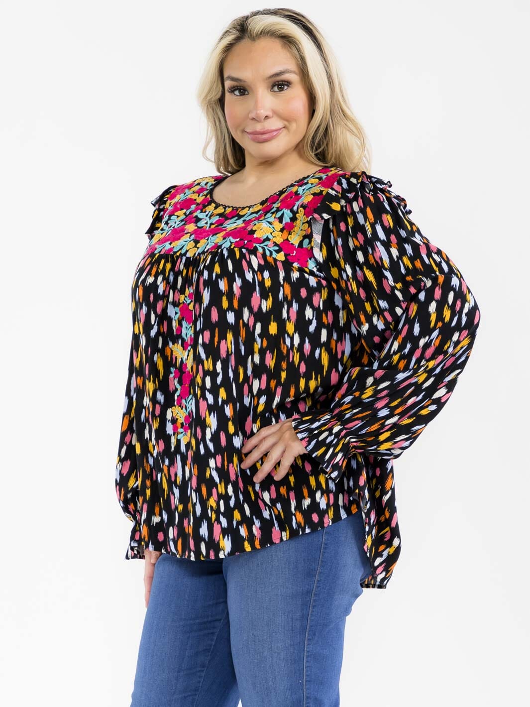 PLUS SIZE LONG SLEEVE FLORAL EMBROIDERY RUFFLE MULTI PRINT BLOUSE