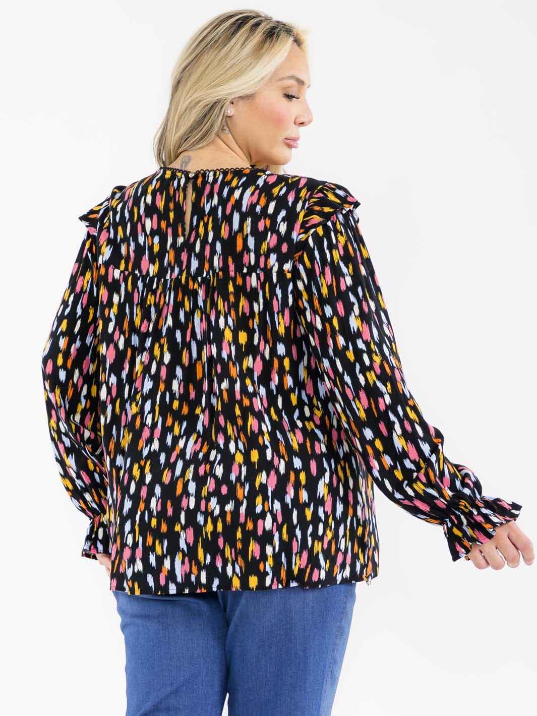 PLUS SIZE LONG SLEEVE FLORAL EMBROIDERY RUFFLE MULTI PRINT BLOUSE