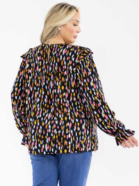 PLUS SIZE LONG SLEEVE FLORAL EMBROIDERY RUFFLE MULTI PRINT BLOUSE