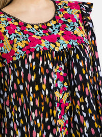 PLUS SIZE LONG SLEEVE FLORAL EMBROIDERY RUFFLE MULTI PRINT BLOUSE
