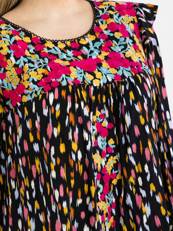PLUS SIZE LONG SLEEVE FLORAL EMBROIDERY RUFFLE MULTI PRINT BLOUSE