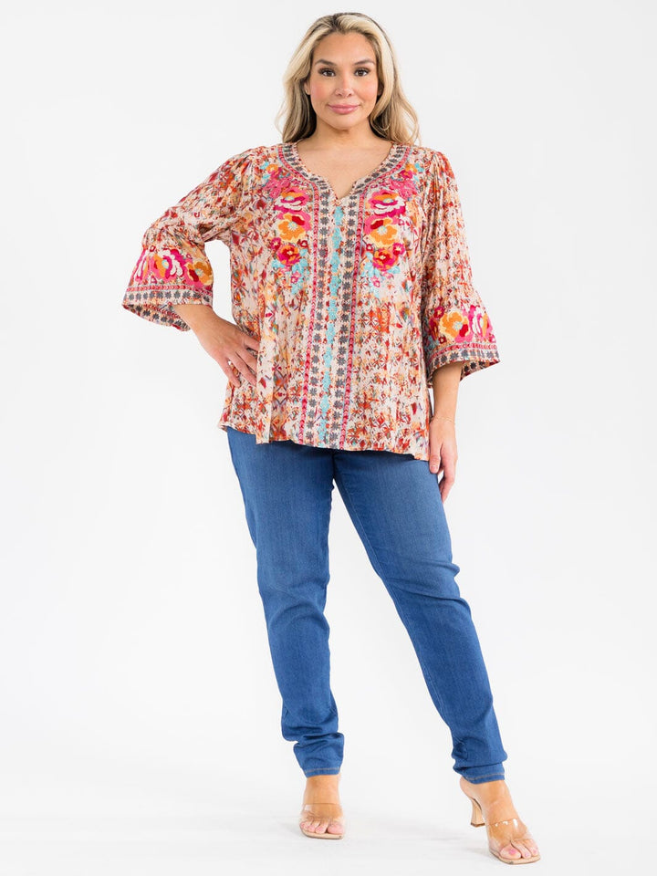 PLUS SIZE 3/4 SLEEVE V-NECK FLORAL EMBROIDERY MULTI PRINT BLOUSE