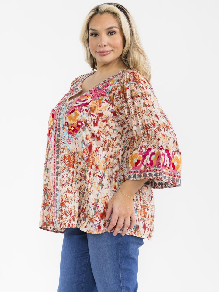 PLUS SIZE 3/4 SLEEVE V-NECK FLORAL EMBROIDERY MULTI PRINT BLOUSE
