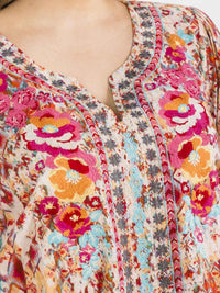 PLUS SIZE 3/4 SLEEVE V-NECK FLORAL EMBROIDERY MULTI PRINT BLOUSE
