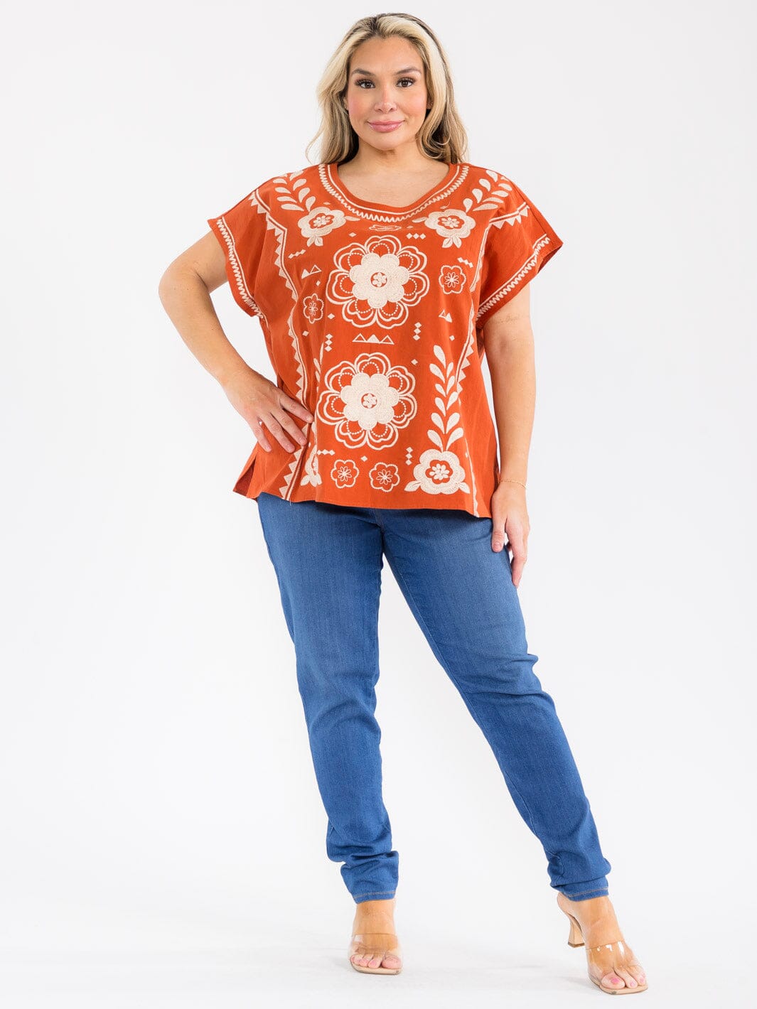 PLUS SIZE SHORT SLEEVE FLORAL EMBROIDERY BLOUSE