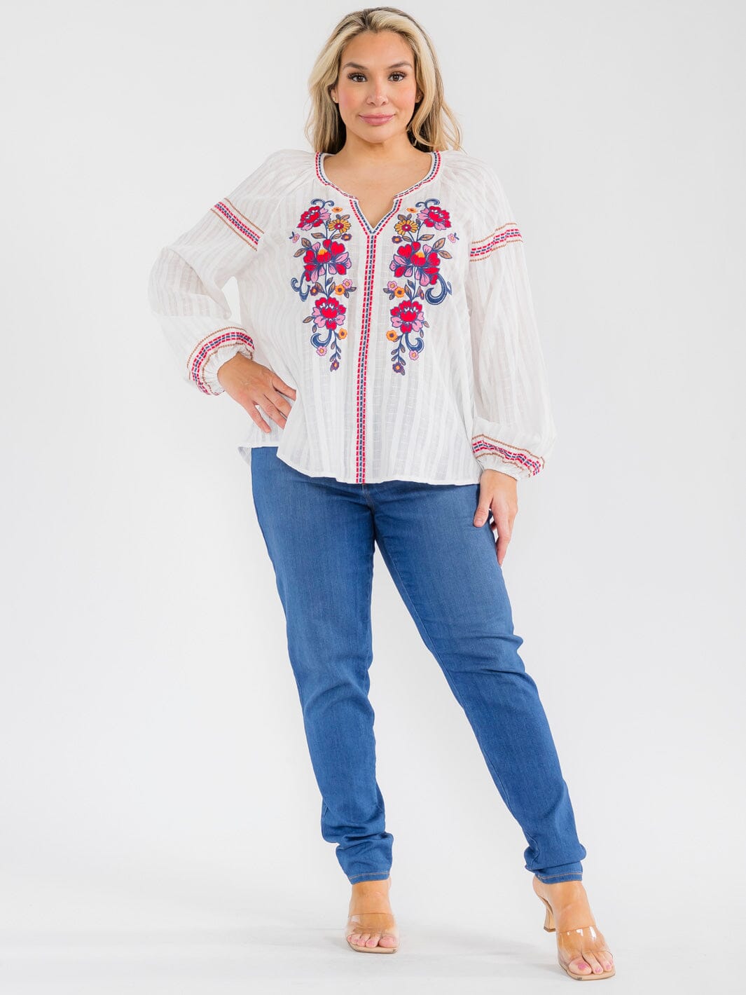 PLUS SIZE LONG SLEEVE V-NECK FLORAL EMBROIDERY BLOUSE