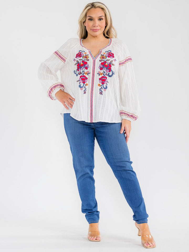 PLUS SIZE LONG SLEEVE V-NECK FLORAL EMBROIDERY BLOUSE