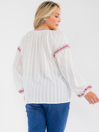 PLUS SIZE LONG SLEEVE V-NECK FLORAL EMBROIDERY BLOUSE