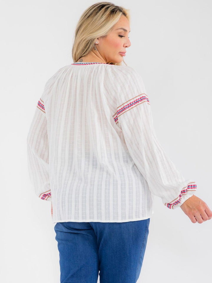 PLUS SIZE LONG SLEEVE V-NECK FLORAL EMBROIDERY BLOUSE