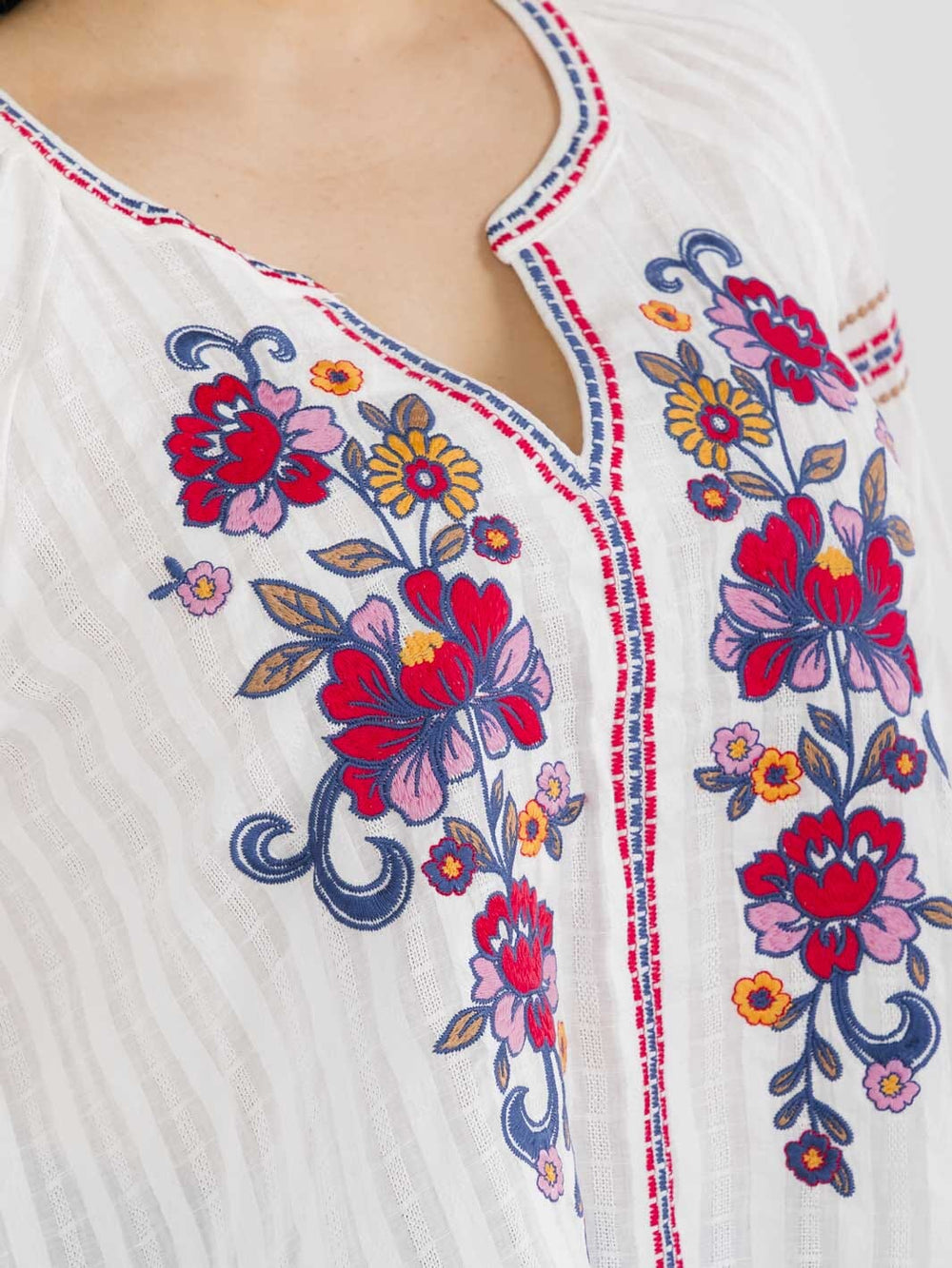 PLUS SIZE LONG SLEEVE V-NECK FLORAL EMBROIDERY BLOUSE