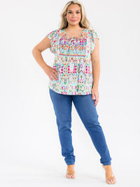 PLUS SIZE SHORT SLEEVE V-NECK EMBROIDERY MULTI PRINT BLOUSE