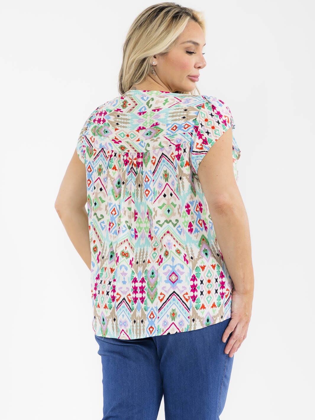 PLUS SIZE SHORT SLEEVE V-NECK EMBROIDERY MULTI PRINT BLOUSE
