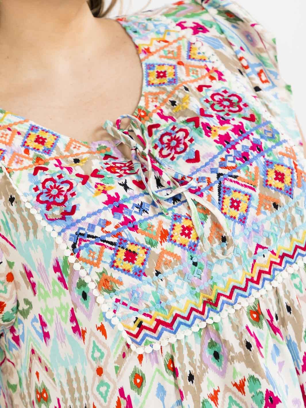 PLUS SIZE SHORT SLEEVE V-NECK EMBROIDERY MULTI PRINT BLOUSE