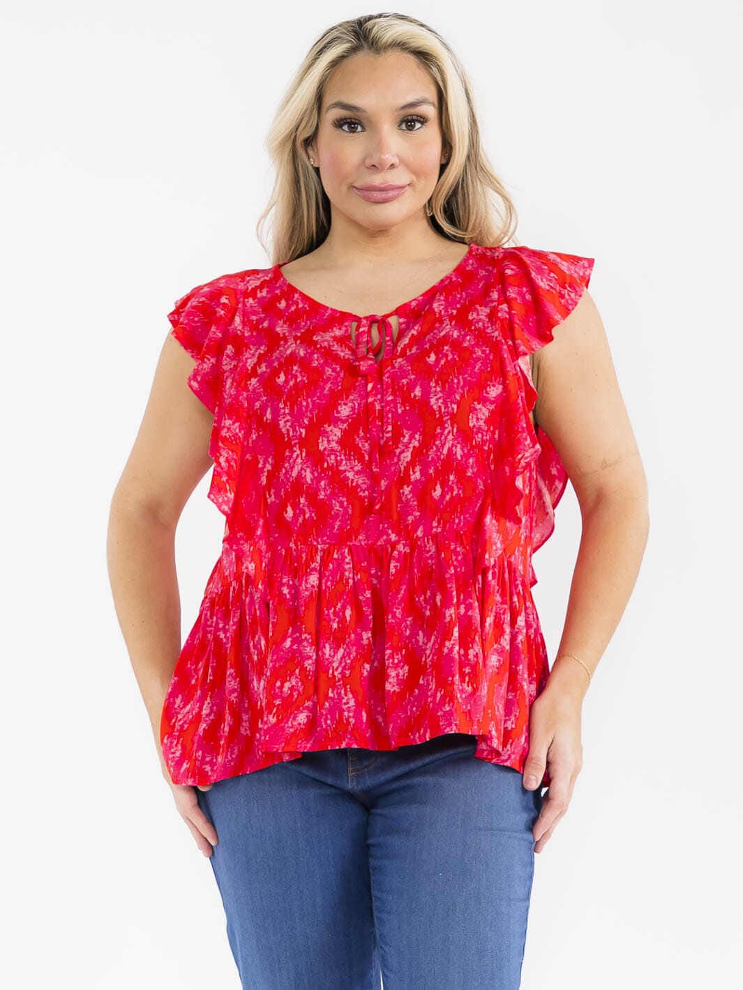 PLUS SIZE SLEEVELESS RUFFLE TIE DYE TUNIC TOP