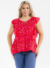 PLUS SIZE SLEEVELESS RUFFLE TIE DYE TUNIC TOP