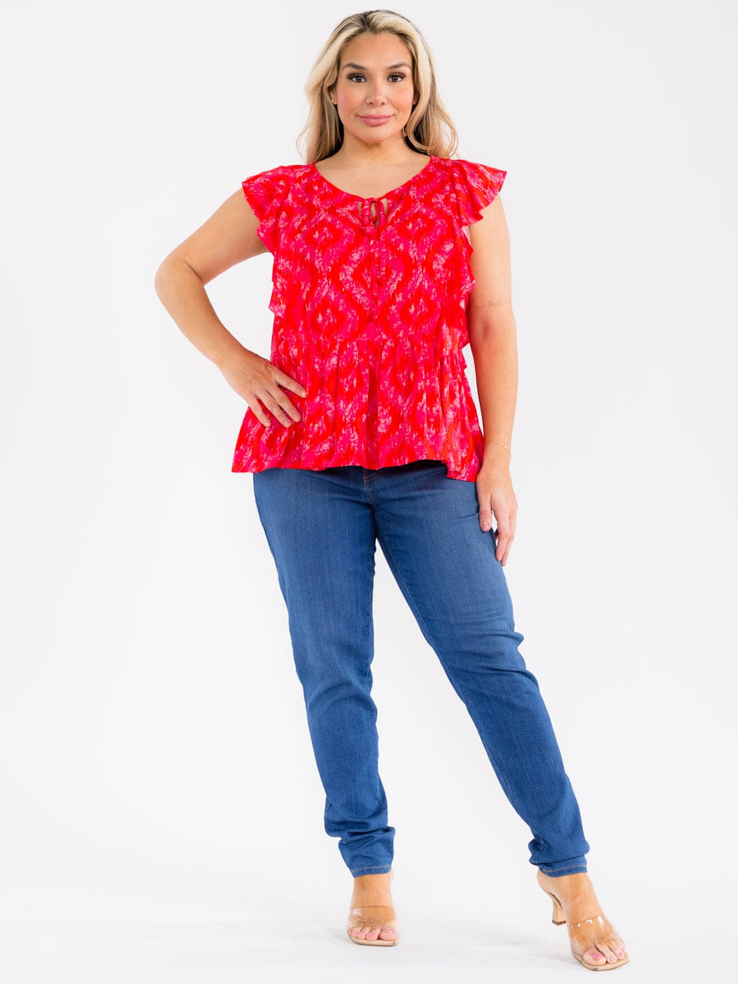 PLUS SIZE SLEEVELESS RUFFLE TIE DYE TUNIC TOP