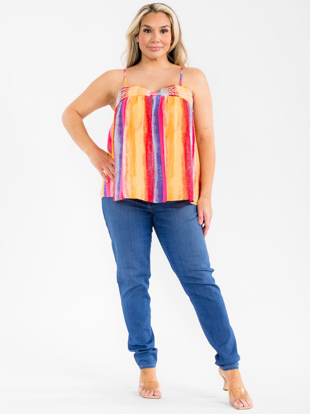 PLUS SIZE SLEEVELESS EMBROIDERY COLORBLOCK TANK TOP