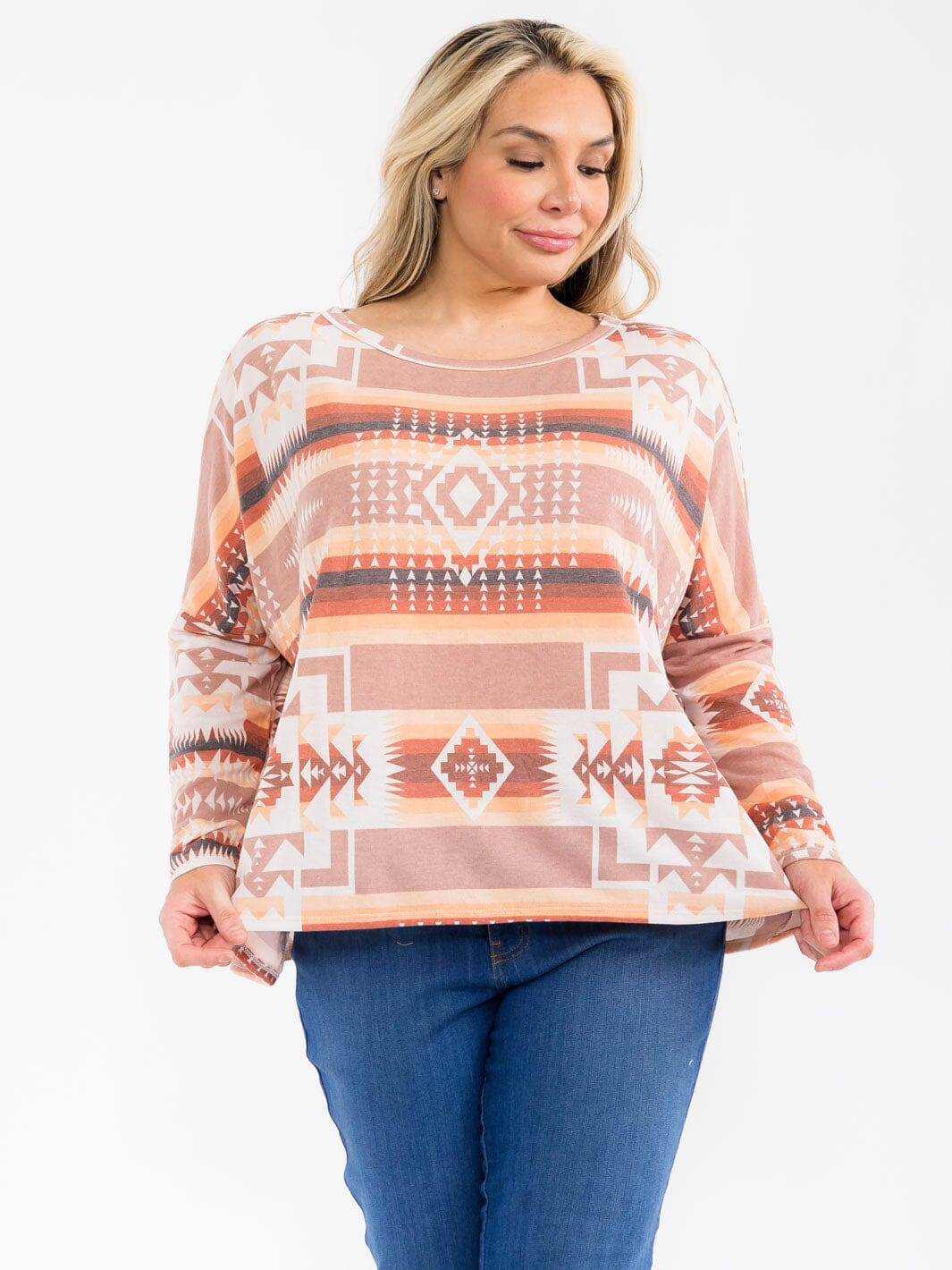 PLUS SIZE LONG SLEEVE MULTI PRINT TOP