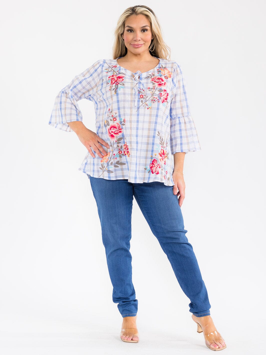 PLUS SIZE 3/4 SLEEVE V-NECK FLORAL EMBROIDERY PLAID BLOUSE
