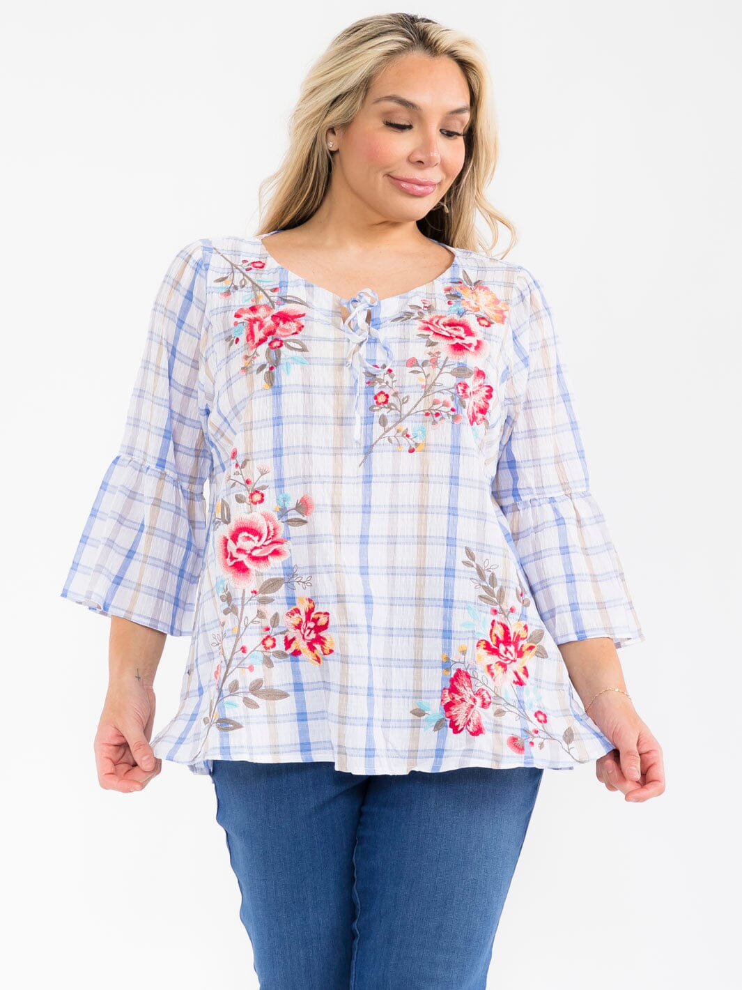 PLUS SIZE 3/4 SLEEVE V-NECK FLORAL EMBROIDERY PLAID BLOUSE