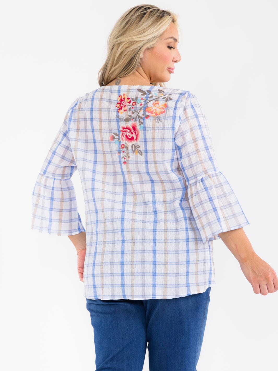 PLUS SIZE 3/4 SLEEVE V-NECK FLORAL EMBROIDERY PLAID BLOUSE