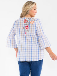 PLUS SIZE 3/4 SLEEVE V-NECK FLORAL EMBROIDERY PLAID BLOUSE