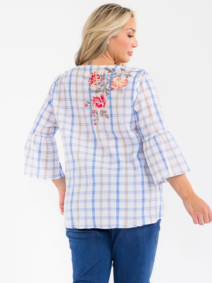 PLUS SIZE 3/4 SLEEVE V-NECK FLORAL EMBROIDERY PLAID BLOUSE