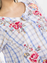 PLUS SIZE 3/4 SLEEVE V-NECK FLORAL EMBROIDERY PLAID BLOUSE