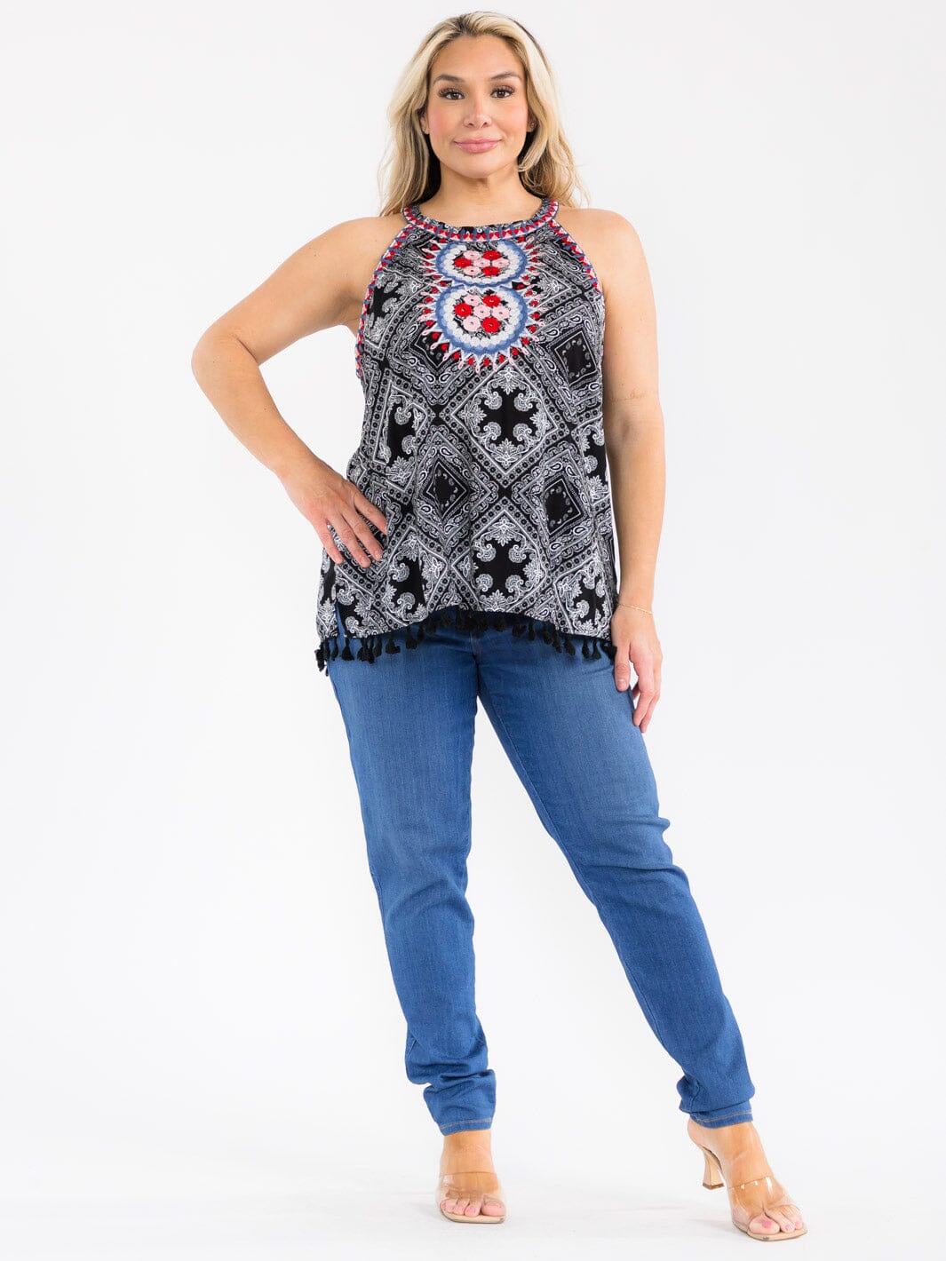 PLUS SIZE SLEEVELESS FLORAL EMBROIDERY MULTI PRINT TANK TOP