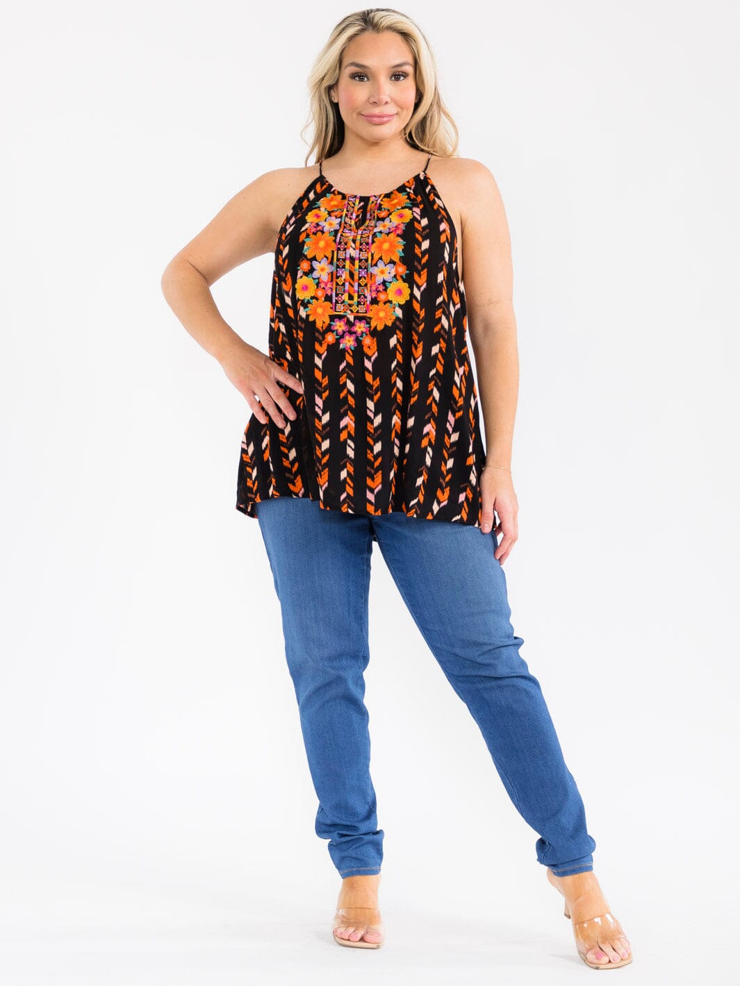 PLUS SIZE SLEEVELESS FLORAL EMBROIDERY MULTI PRINT TANK TOP