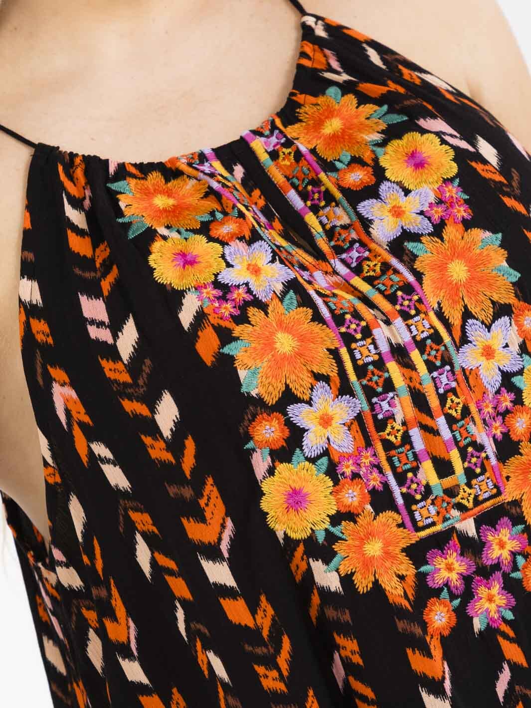 PLUS SIZE SLEEVELESS FLORAL EMBROIDERY MULTI PRINT TANK TOP