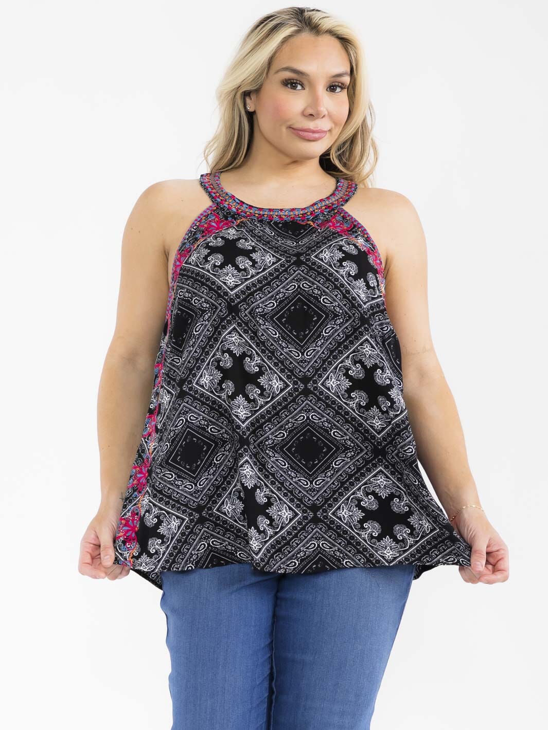 PLUS SIZE SLEEVELESS HALTER NECK EMBROIDERY MULTI PRINT TANK TOP