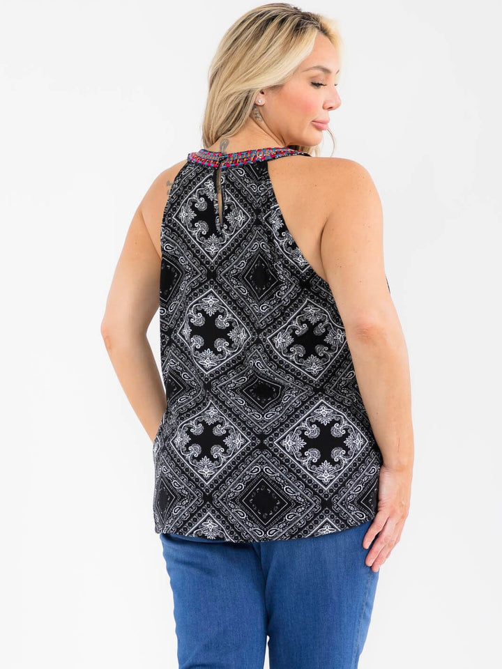 PLUS SIZE SLEEVELESS HALTER NECK EMBROIDERY MULTI PRINT TANK TOP