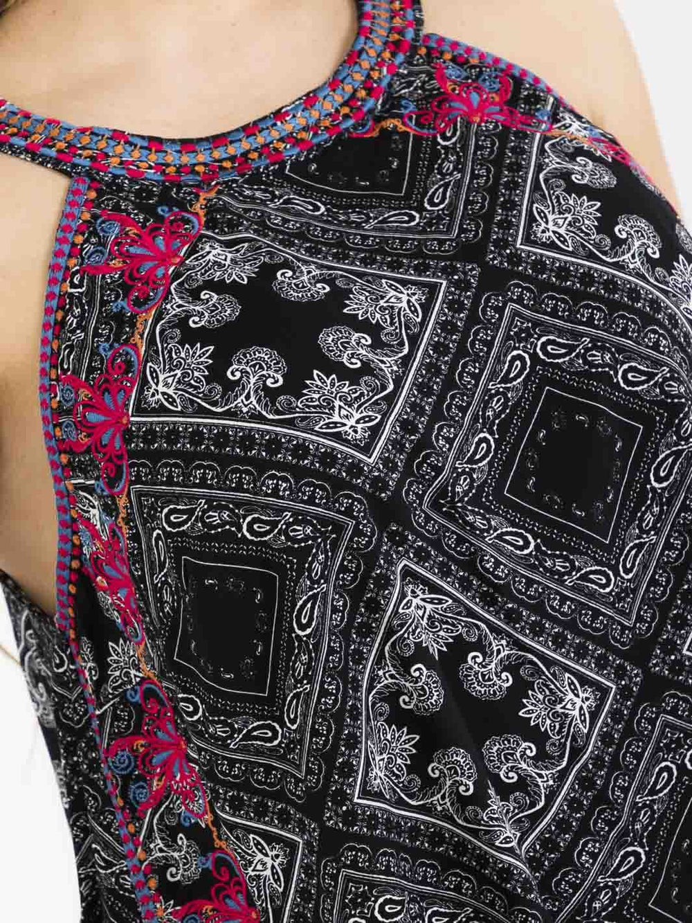 PLUS SIZE SLEEVELESS HALTER NECK EMBROIDERY MULTI PRINT TANK TOP